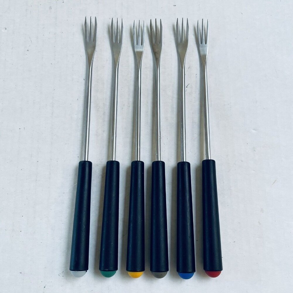 Vintage Set of 6 Stainless Steel Fondue‎ Forks Black Handle Color Coded Retro